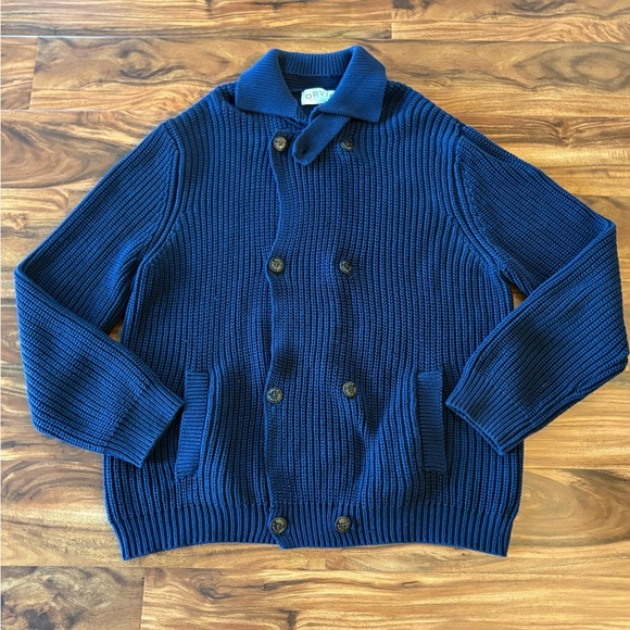 Orvis Men's Navy Blue Rib Cotton Double Breasted Cardigan Sweater